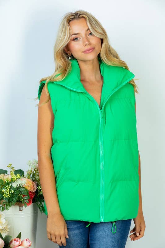 Sleeveless Solid Woven Puffer Vest - Kelly Green