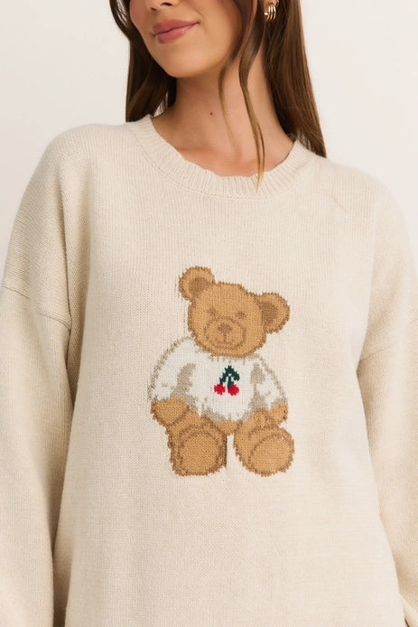 Long Sleeve Crew Neck Sweater with Teddy Bear - Cream