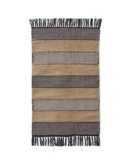 Cream & Black Striped Woven Wool Blend Rug 2X3