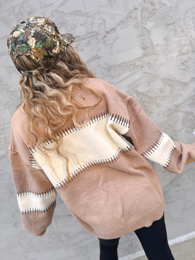 Color Block Striped Crew Neck Sweater - Taupe/Ivory