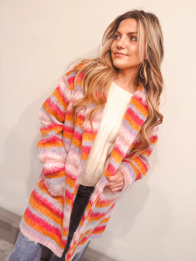 Fuzzy Multi-Striped Open Coat - Pink Orange