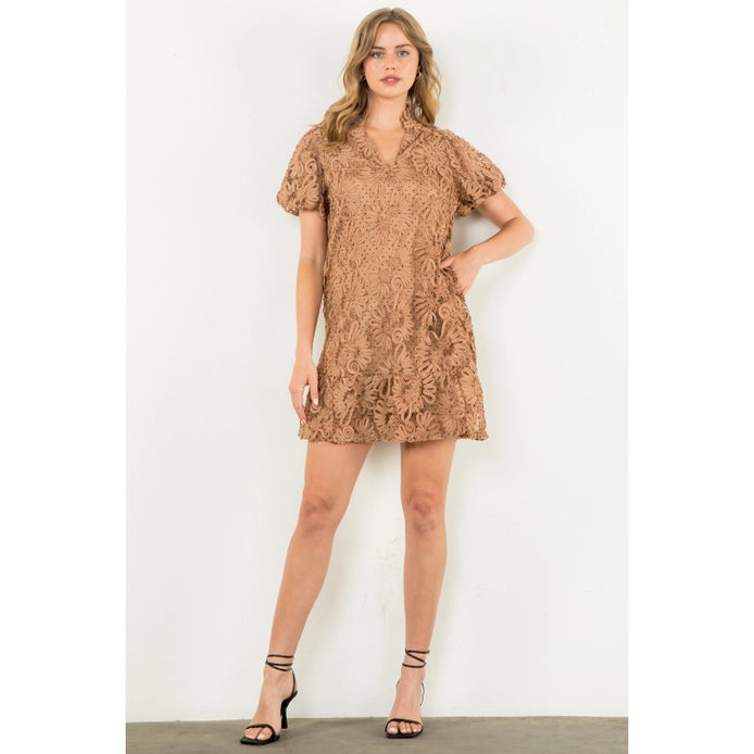 Detailed Mesh Puff Sleeve Dress - Camel