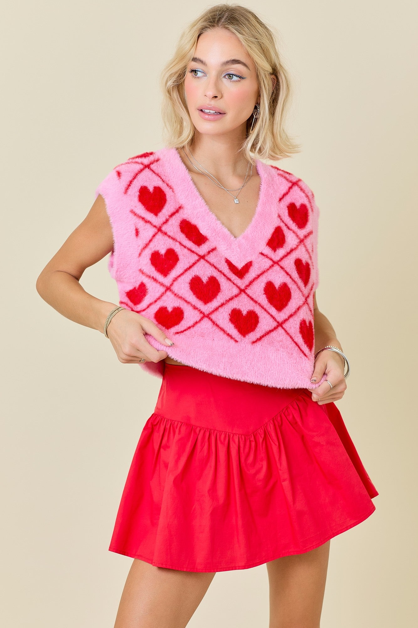 Fuzzy All Over Heart Boxy Cropped Sweater Vest - Pink / Red