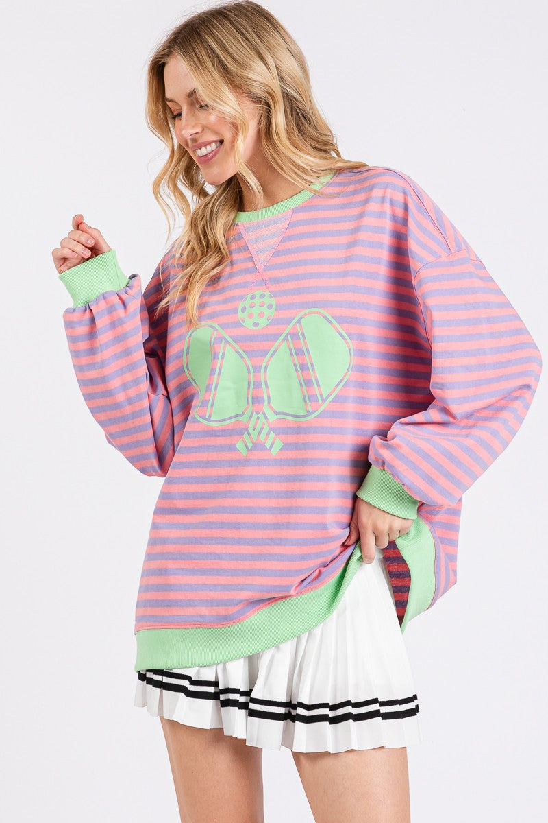 Striped Pickleball Print Sweatshirt - Lilac/Green