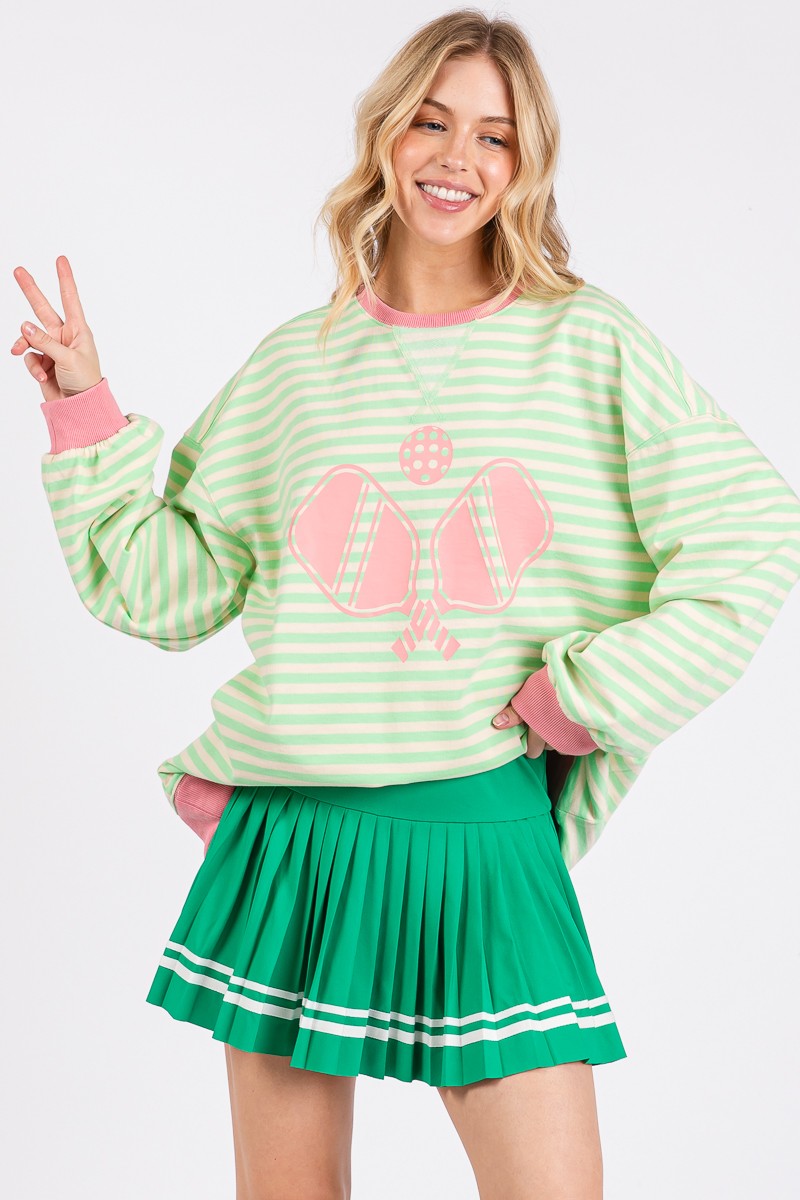 Striped Pickleball Printed Sweatshirt - Green/Pink