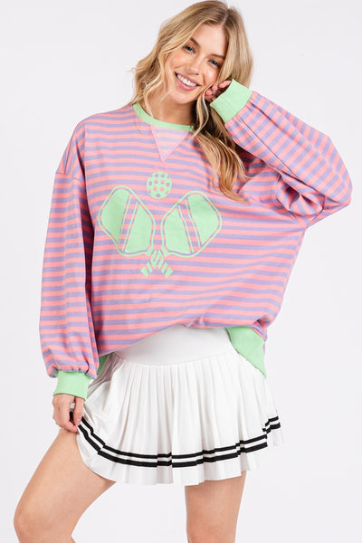 Striped Pickleball Print Sweatshirt - Lilac/Green