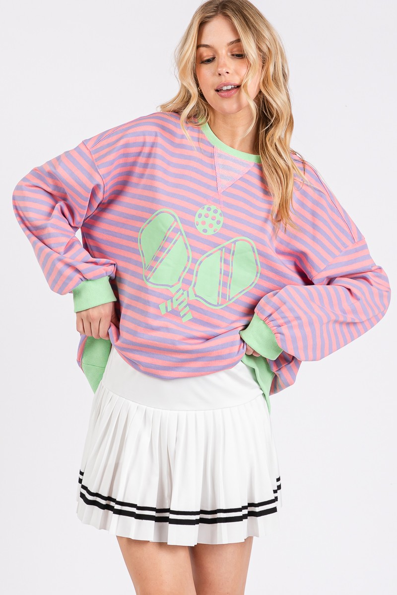 Striped Pickleball Print Sweatshirt - Lilac/Green