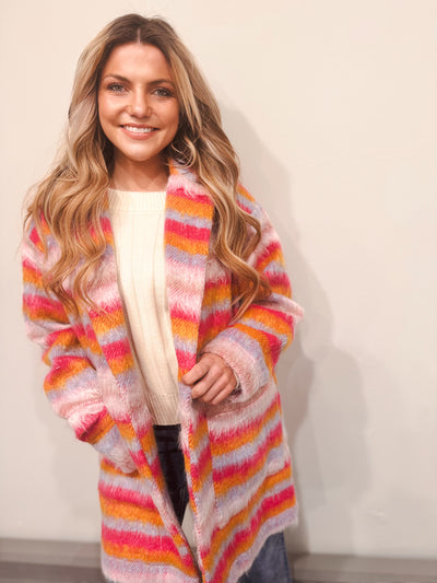 Fuzzy Multi-Striped Open Coat - Pink Orange