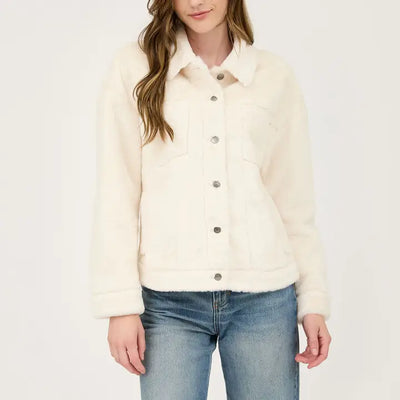 Teddy Collared Button Down Jacket - Cream