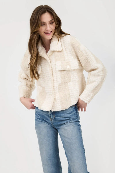 Striped Textured Faux Shearling Jacket - Khaki