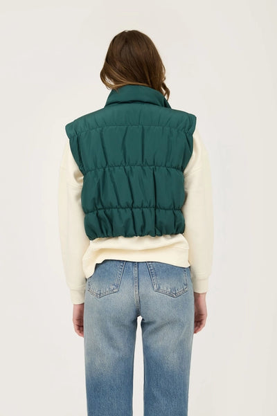 Cropped Zip Up Cargo Puffer Vest - Hunter Green