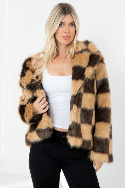 Coco Checker Pattern Faux Fur Jacket