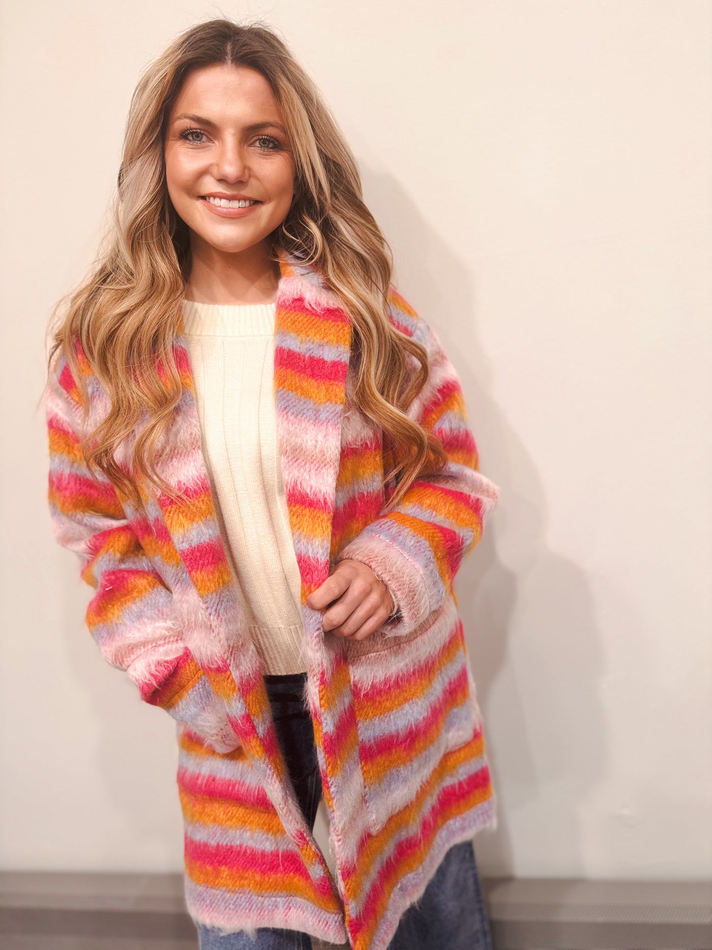 Fuzzy Multi-Striped Open Coat - Pink Orange