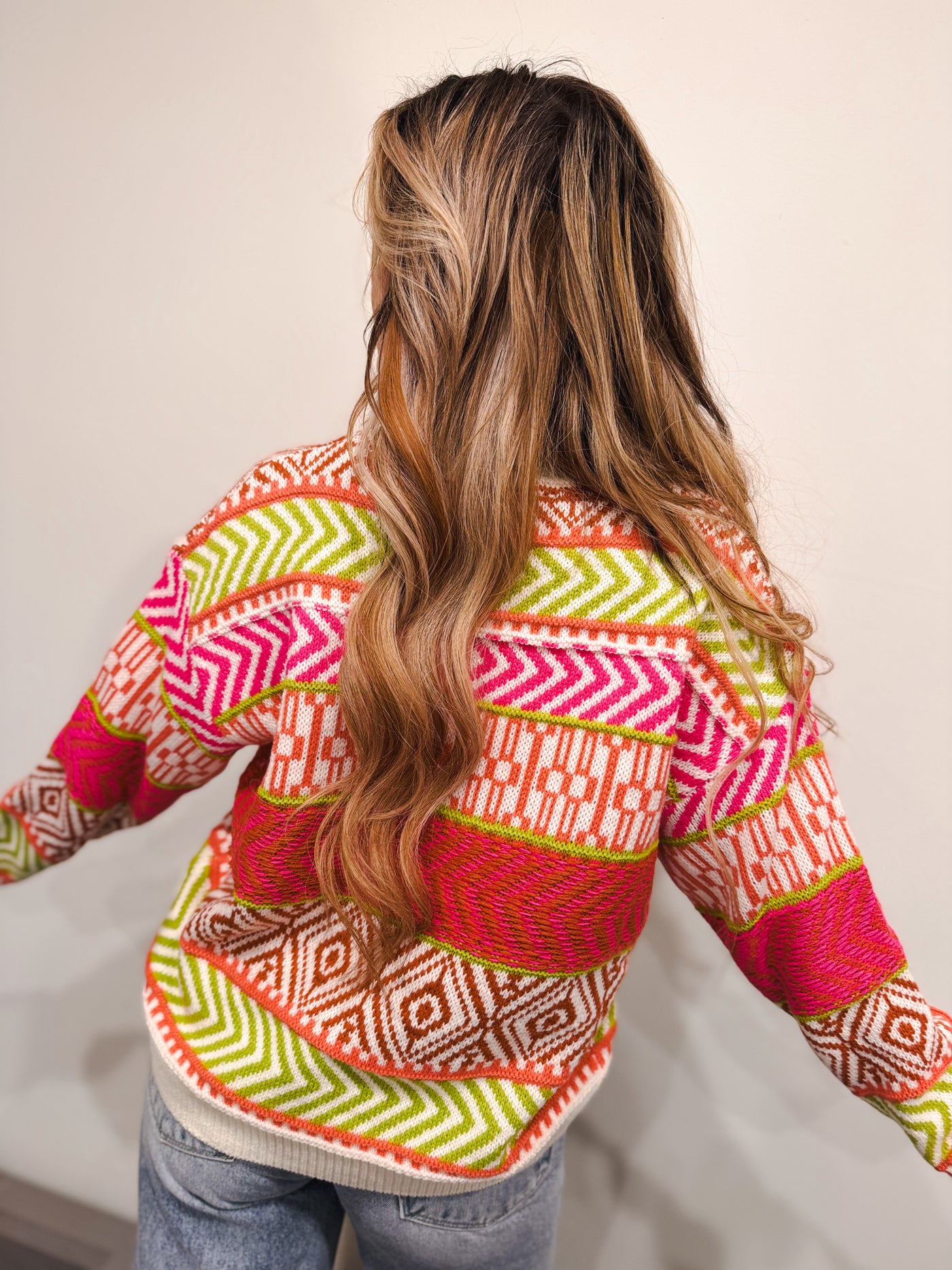 Mixed Pattern Stripe Sweater Top - Multi Neon Pink