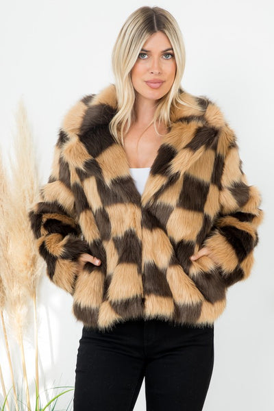 Coco Checker Pattern Faux Fur Jacket