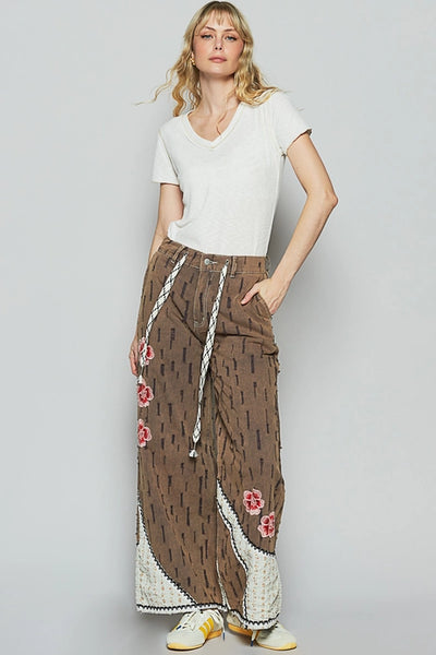 Floral Patches Elastic Band Casual Pant - Charcoal