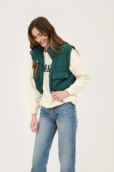 Cropped Zip Up Cargo Puffer Vest - Hunter Green