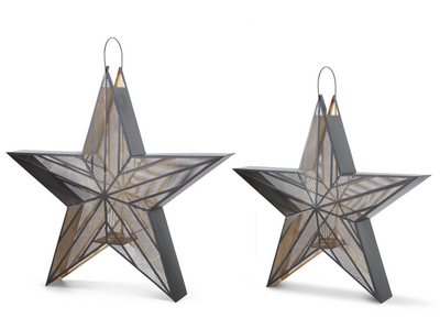 Black Metal Star Lanterns w/Gold Interiors, Set of 2