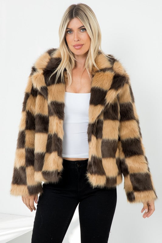 Coco Checker Pattern Faux Fur Jacket