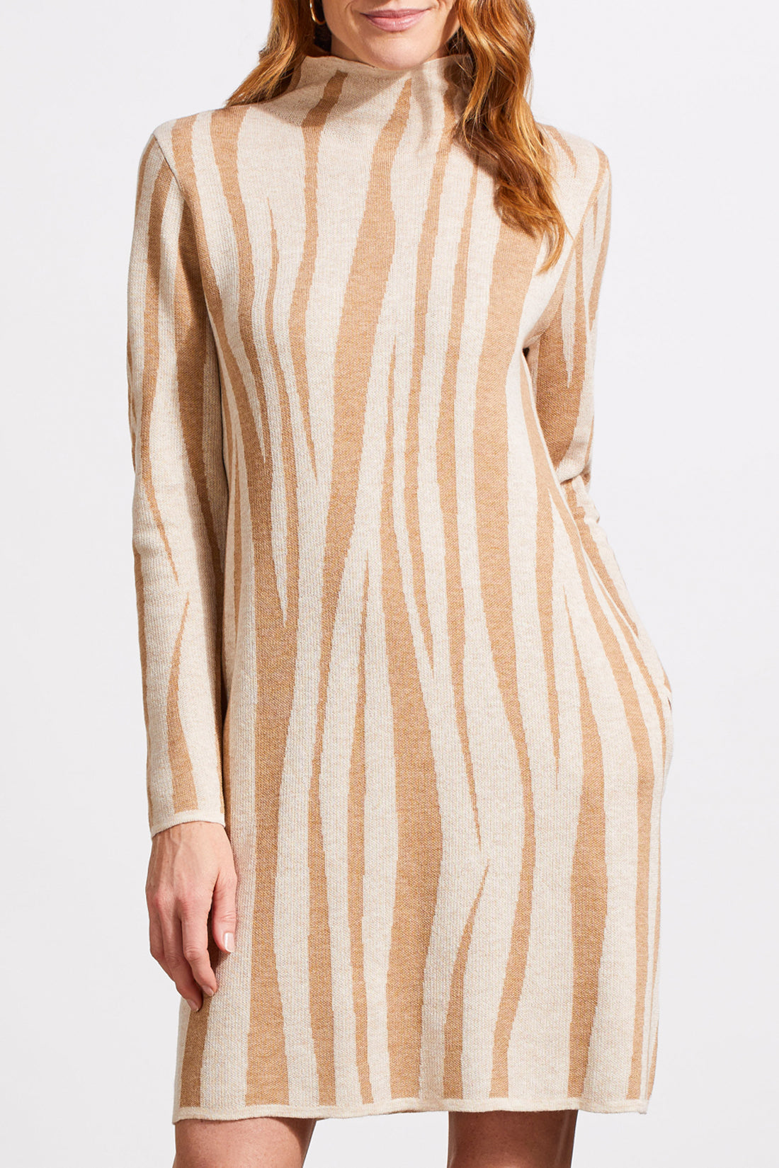 Funnel Neck Jacquard Sweater Dress, Beige