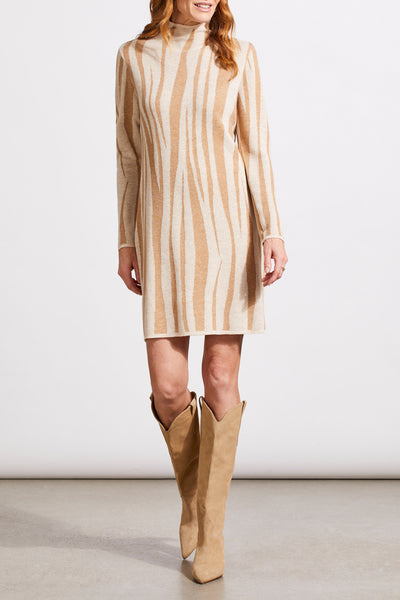 Funnel Neck Jacquard Sweater Dress, Beige