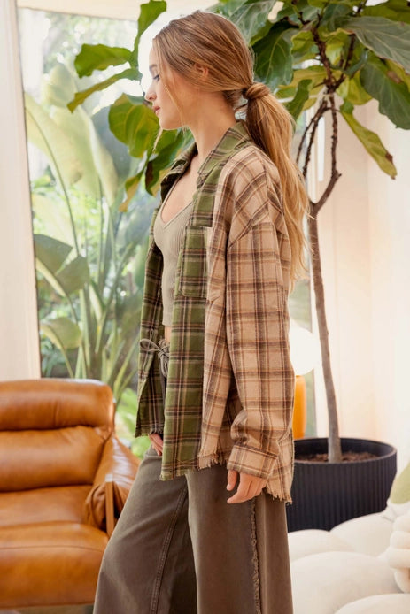 Colorblock Plaid Button Down Shirt - light brown