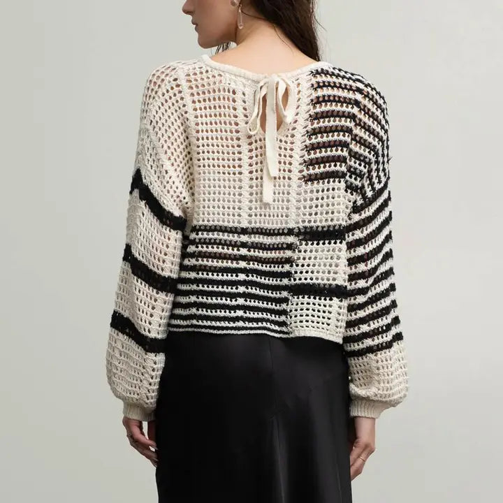 Stripe Colorblock Crochet Sheer Knit Sweater - Black Multi