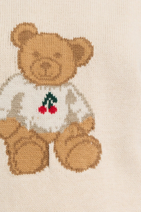 Long Sleeve Crew Neck Sweater with Teddy Bear - Cream