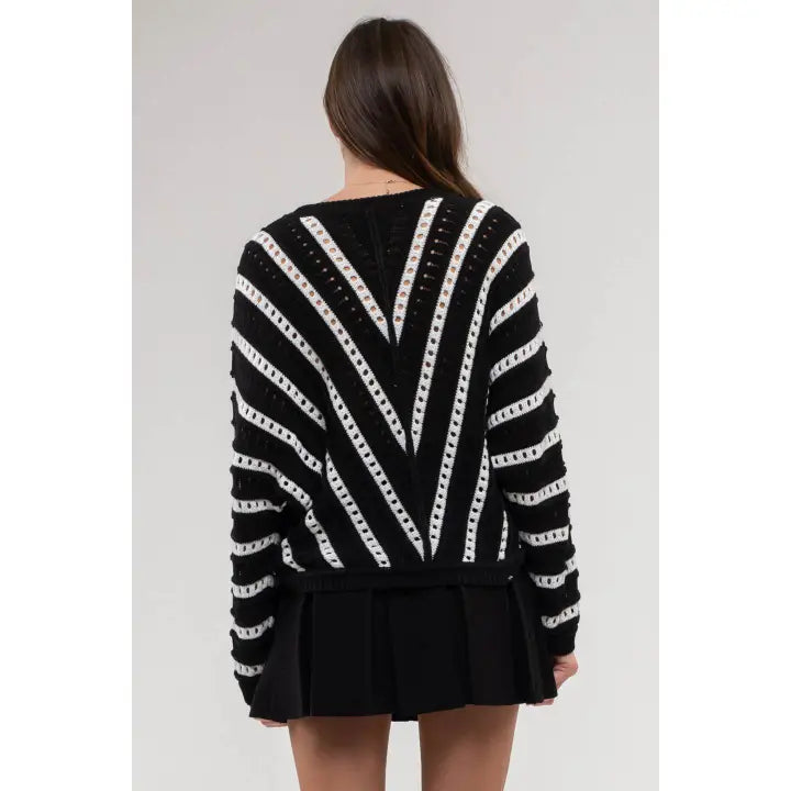 Chevron Knit Pullover Sweater - Black