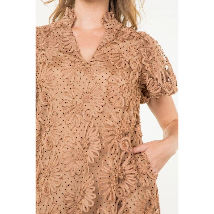 Detailed Mesh Puff Sleeve Dress - Camel