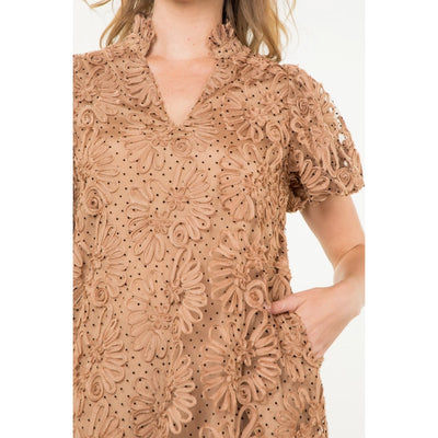 Detailed Mesh Puff Sleeve Dress - Camel