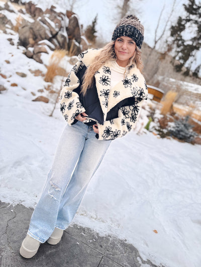 Floral Print Quilted Shearling Jacket - Cream / Black