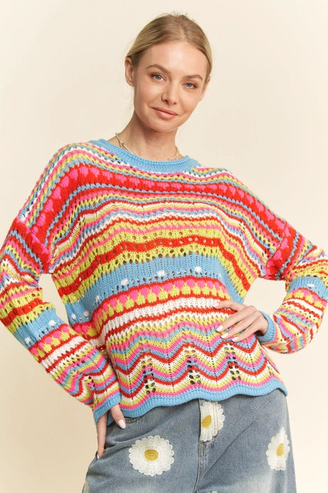 Multi Texture Pull Over Sweater - Neon Multi