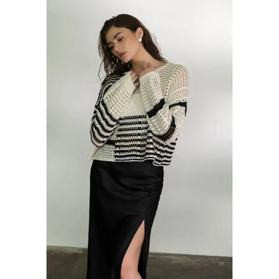 Stripe Colorblock Crochet Sheer Knit Sweater - Black Multi