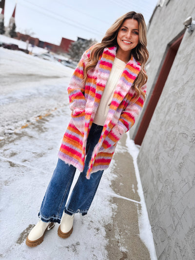 Fuzzy Multi-Striped Open Coat - Pink Orange