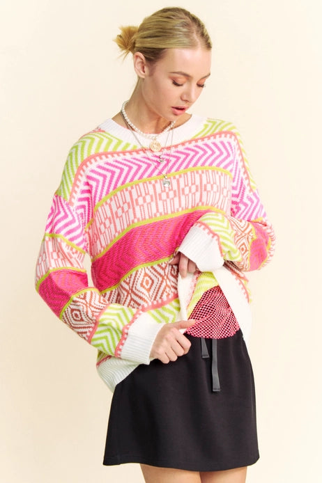 Mixed Pattern Stripe Sweater Top - Multi Neon Pink