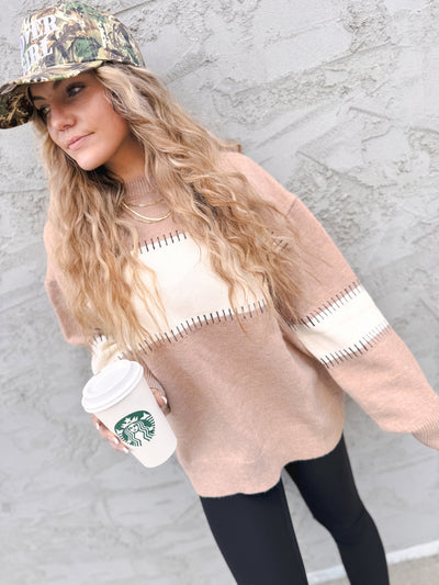 Color Block Striped Crew Neck Sweater - Taupe/Ivory