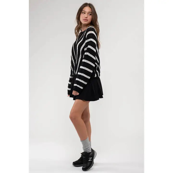 Chevron Knit Pullover Sweater - Black