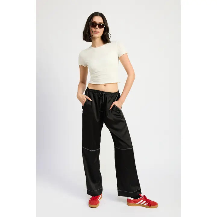 Satin Lounge Pants w/ Contrasted Stitch - Black