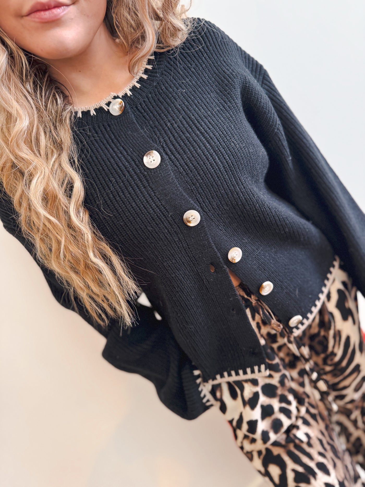 Sofie Crew Neck Cardigan Sweater - Black/Taupe