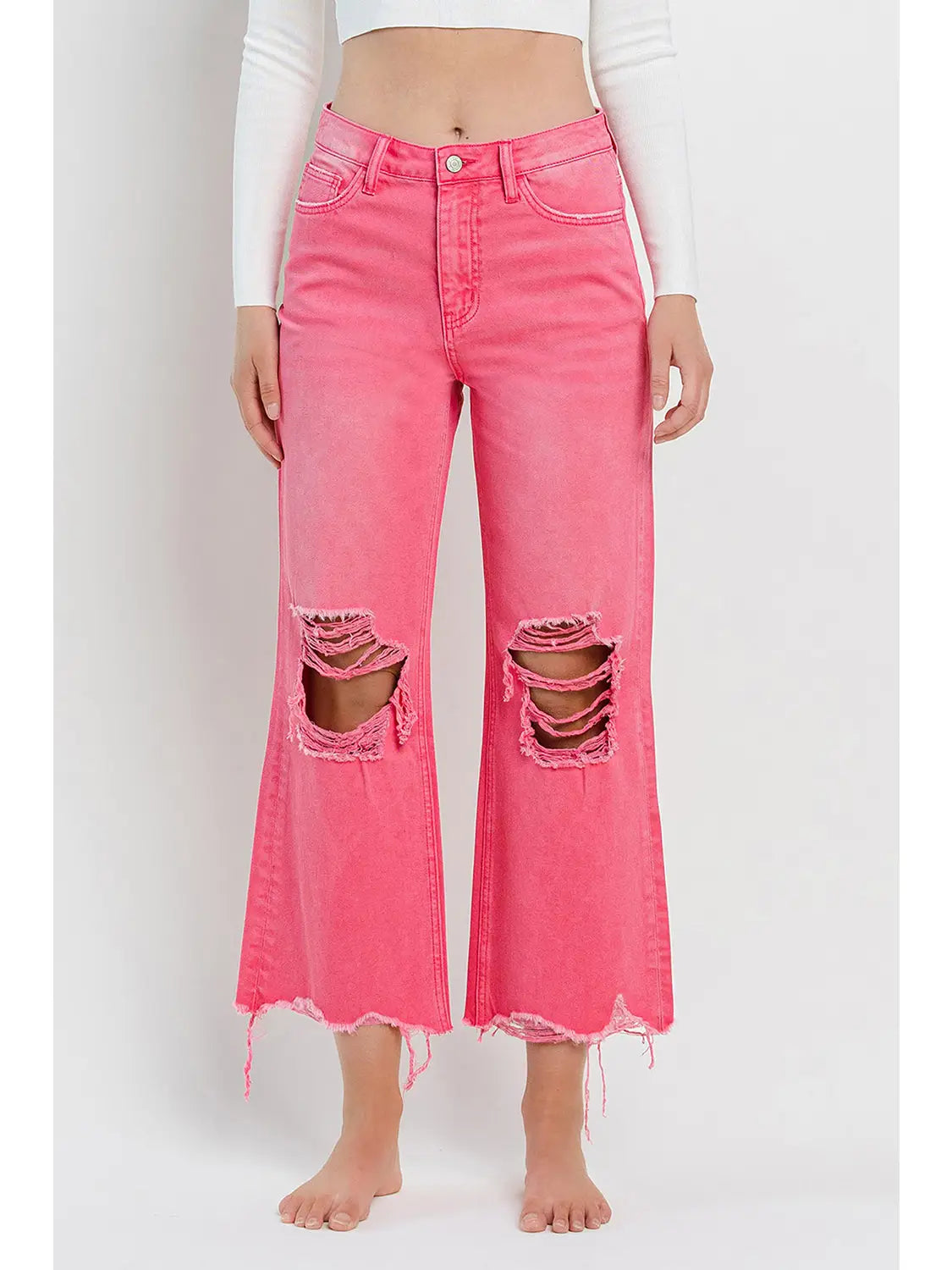 90s Vintage Super High Rise Crop Flare Jeans in Hot Pink