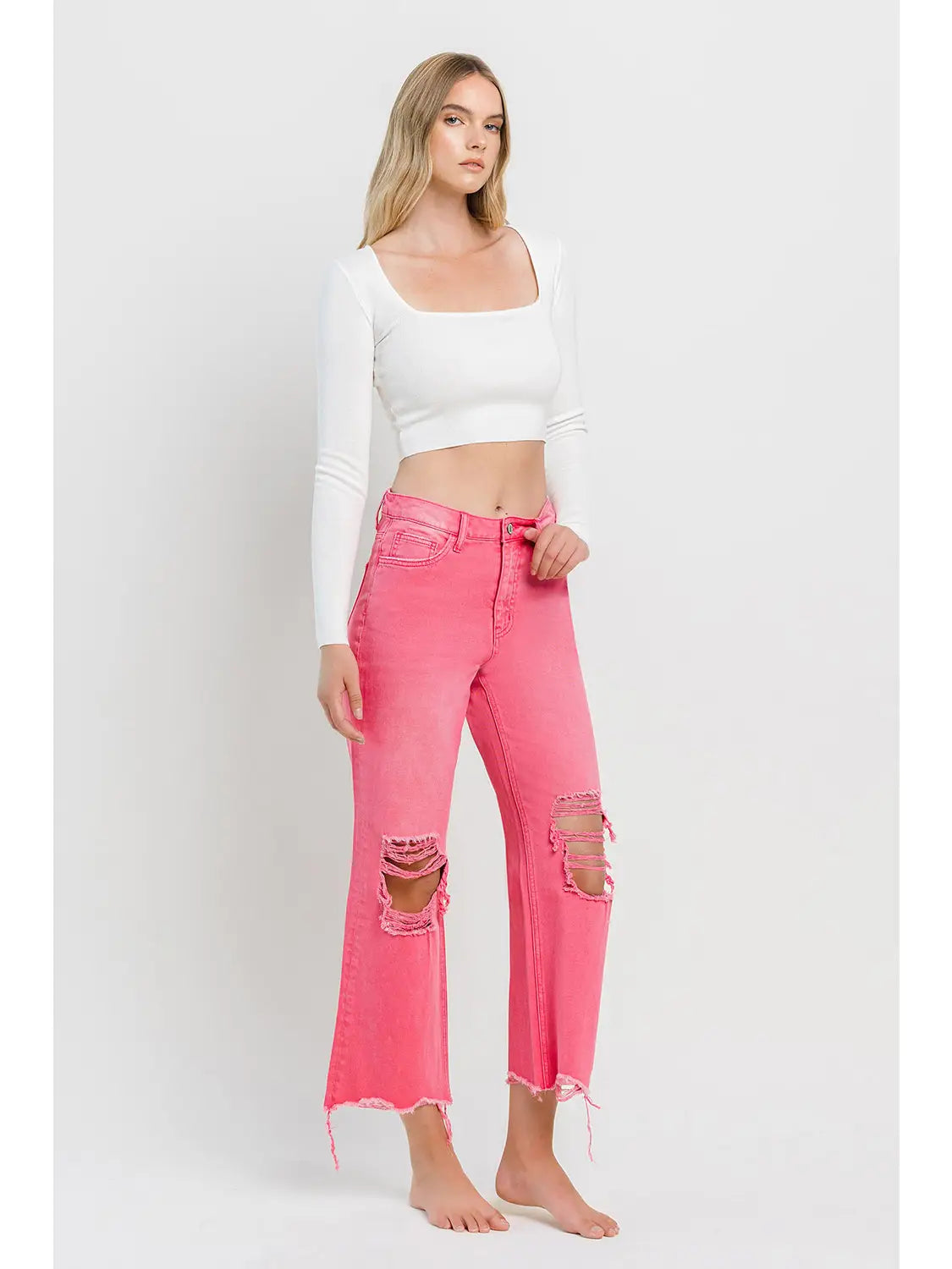 90s Vintage Super High Rise Crop Flare Jeans in Hot Pink