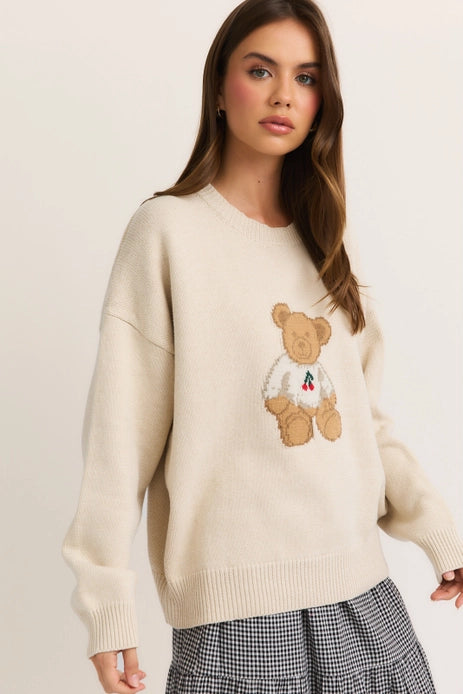 Long Sleeve Crew Neck Sweater with Teddy Bear - Cream