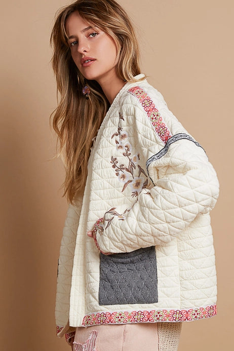 Embroidery Quilted Knit Jacket - Cream