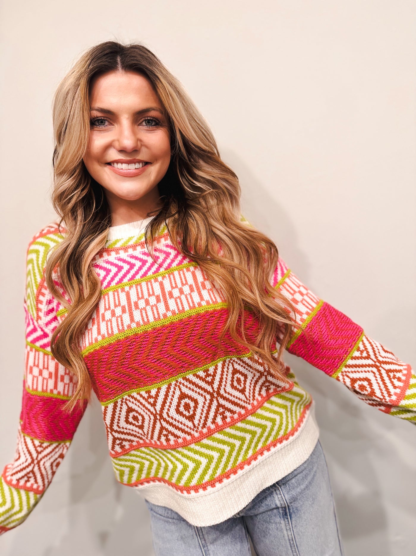 Mixed Pattern Stripe Sweater Top - Multi Neon Pink