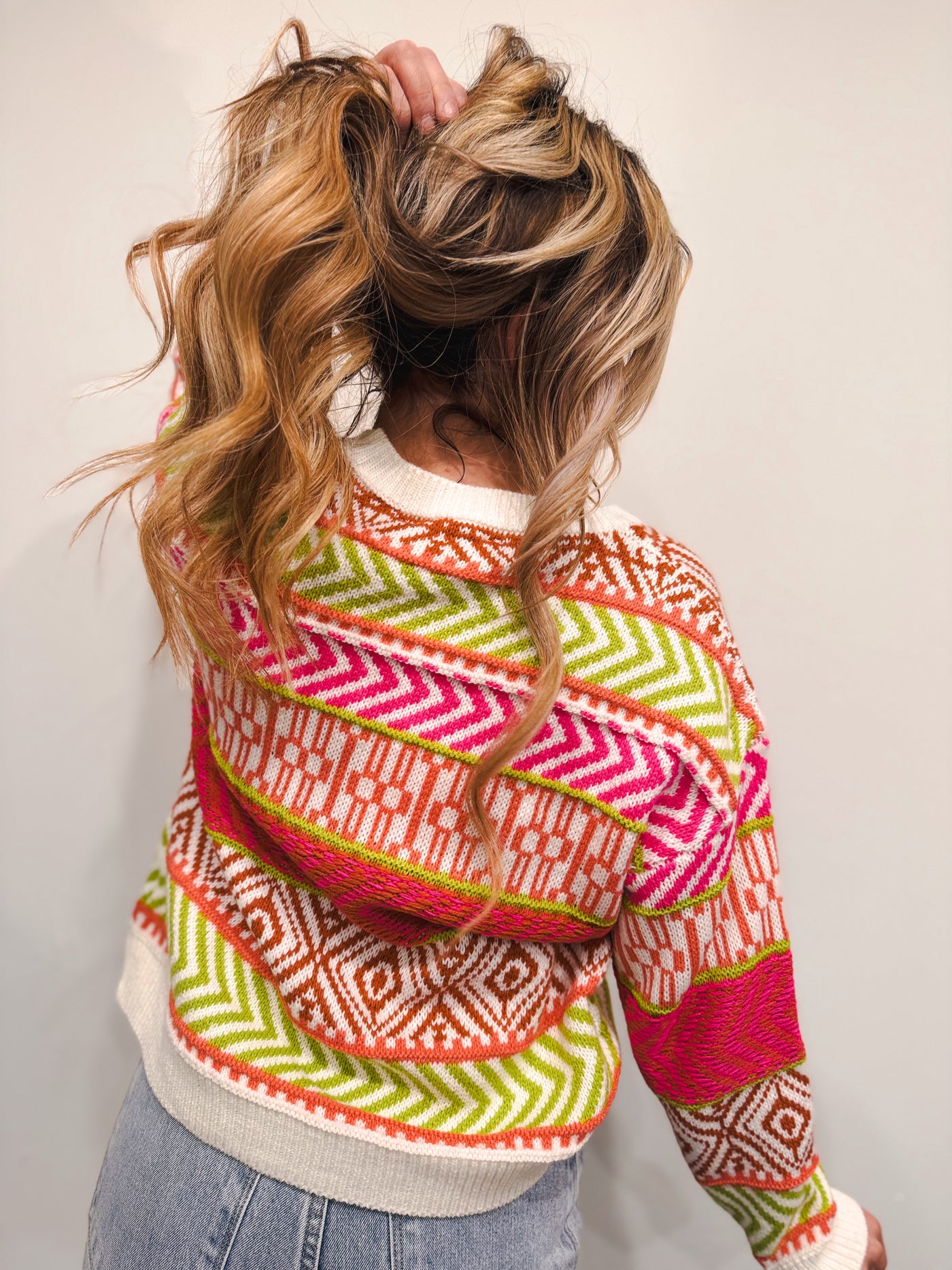 Mixed Pattern Stripe Sweater Top - Multi Neon Pink