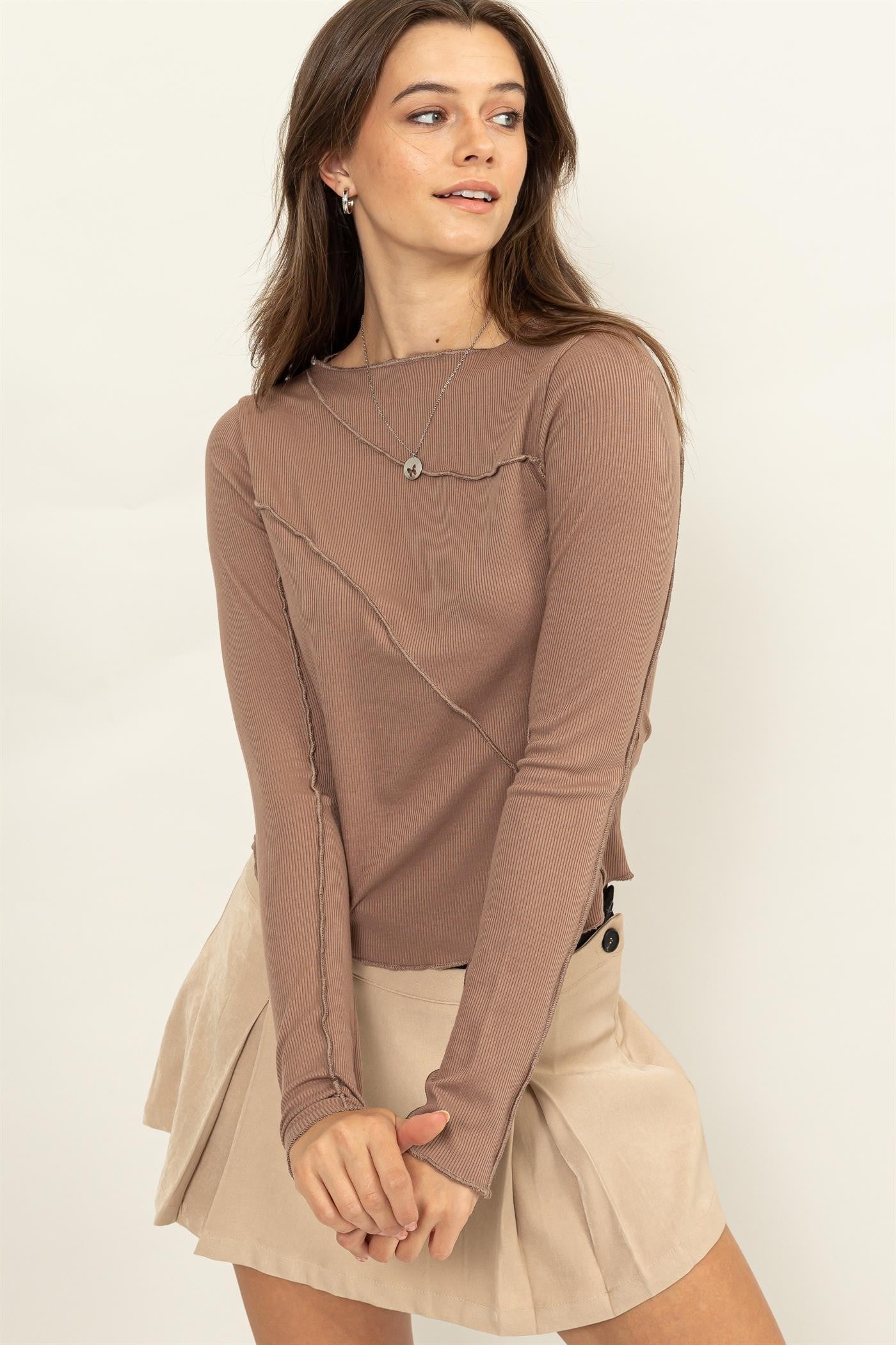 Alice Contrast Seam Top in Mocha