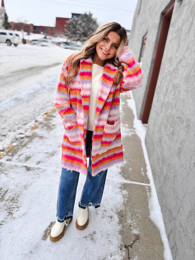 Fuzzy Multi-Striped Open Coat - Pink Orange