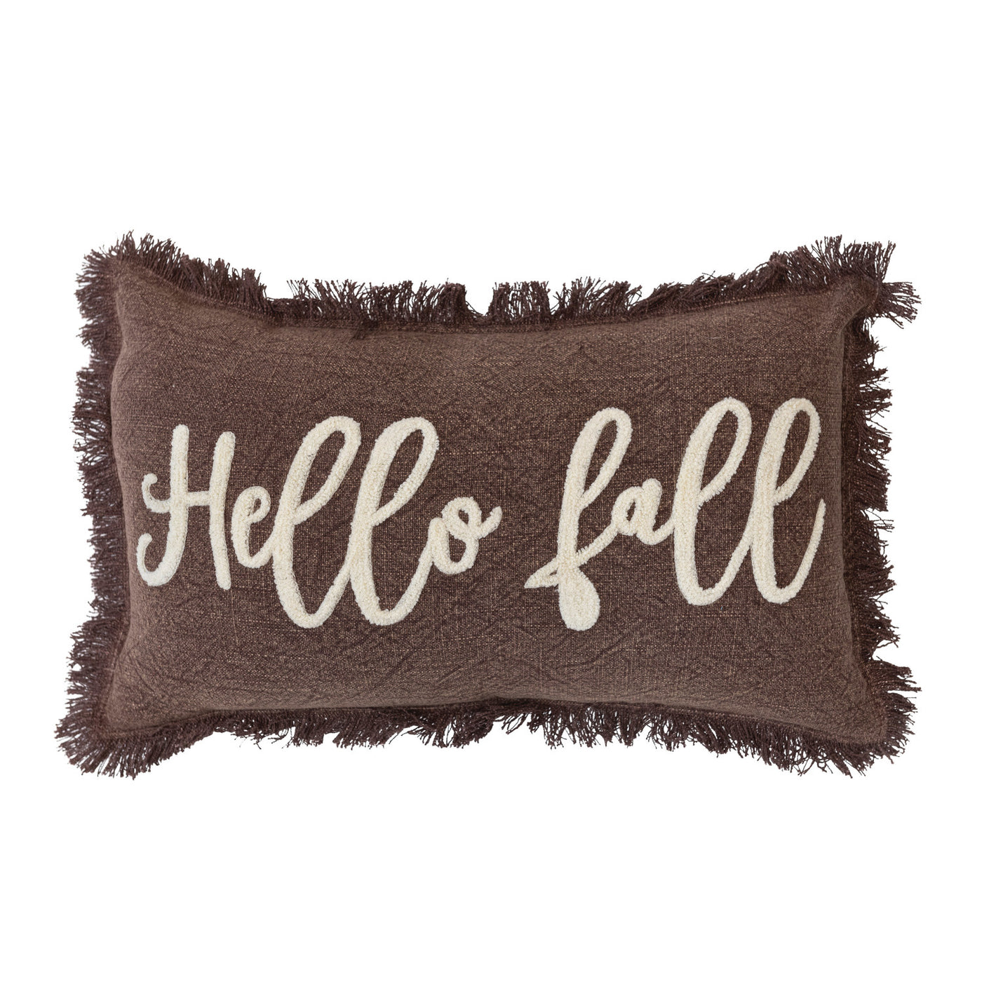 Stonewashed Cotton Tufted Lumbar Pillow w/ Fringe "Hello Fall"