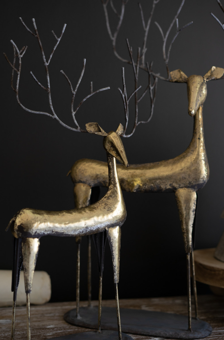 Antique Gold Metal Christmas Deer, Set of 2